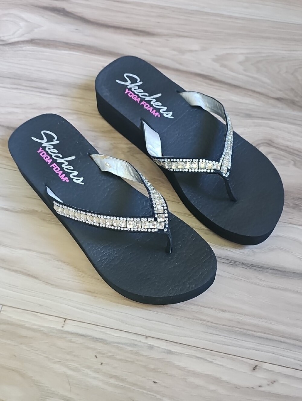Skechers Black Flip Flops with Sparkling Rhinestone Straps